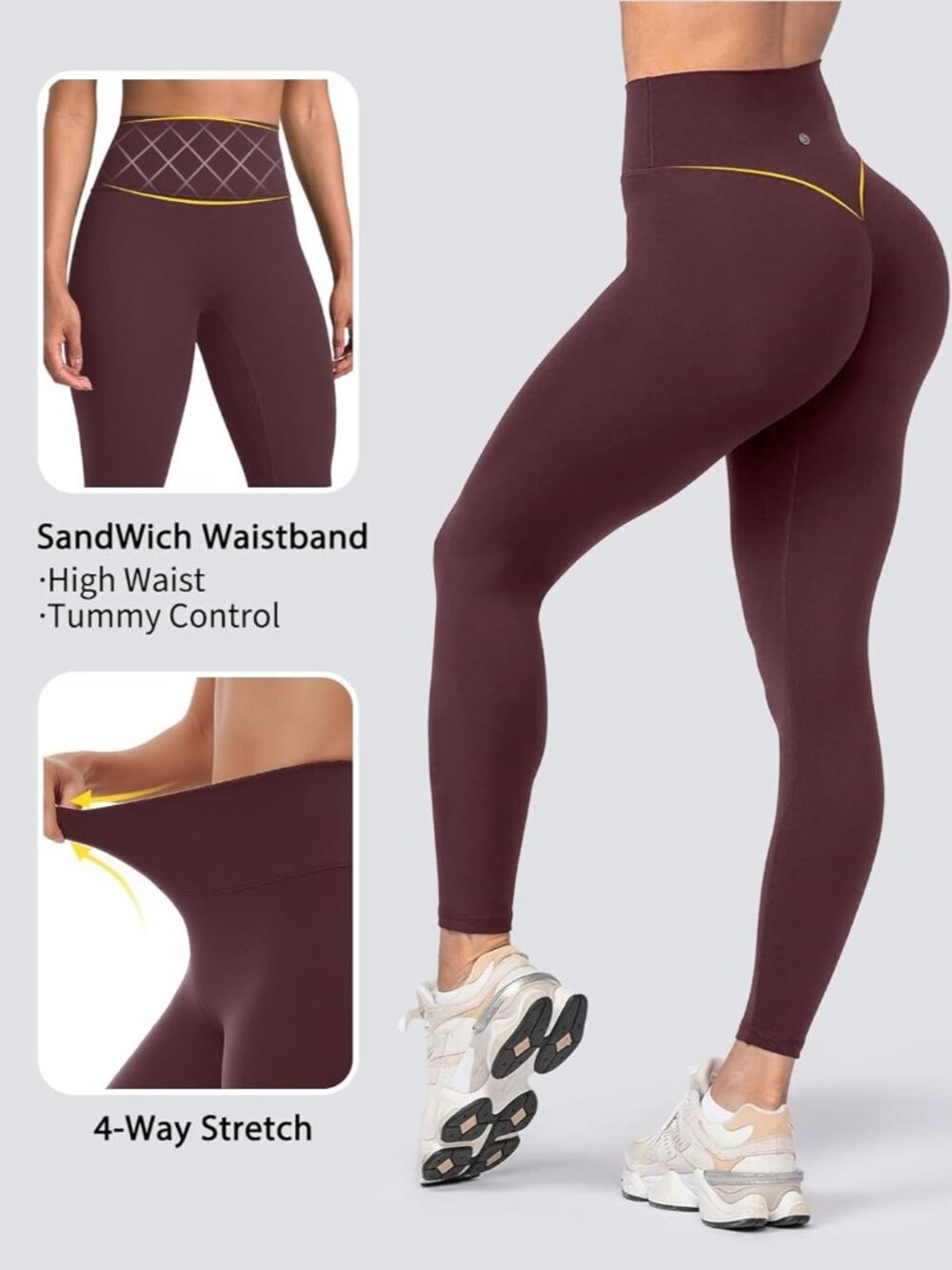 Women's Burgundy Hidden Scrunch Butt Non See Through High Waisted Yoga Leggings - Picture 5 of 6